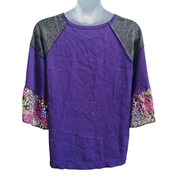 Calessa Size XL Colorblock Raglan Sleeve Purple Blouse Patterned Bell Sleeves - Picture 4 of 7